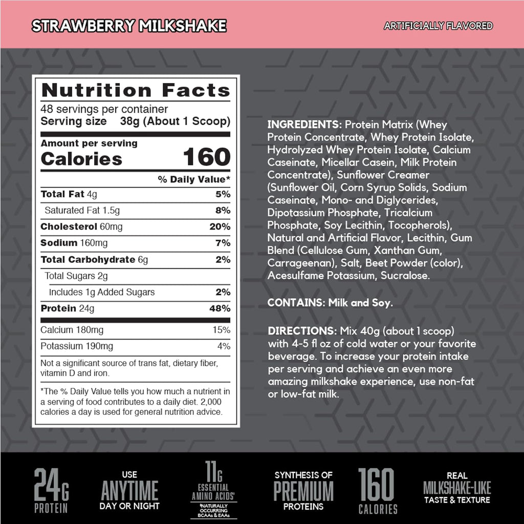 SYNTHA-6 Edge Powder, Low Sugar, Strawberry Milkshake, 48 Servings | Premium Hydrolyzed Whey and Micellar Casein Blend for Muscle Gain, Low Sugar, 24G Protein, Keto Friendly