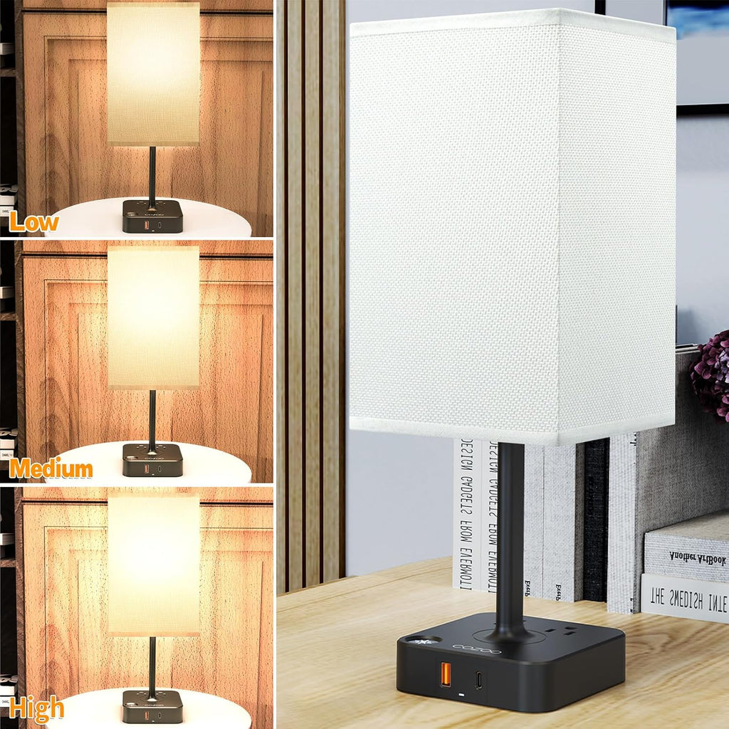 Touch Bedside Table Lamps for Bedroom Night Stands with Charging Station | Square LED Dimmable Desk Lamp for Bedroom with 2 USB(1 USB C) 2 AC Outlets, 9 W 3000 K Bulb Included, White Lampshade