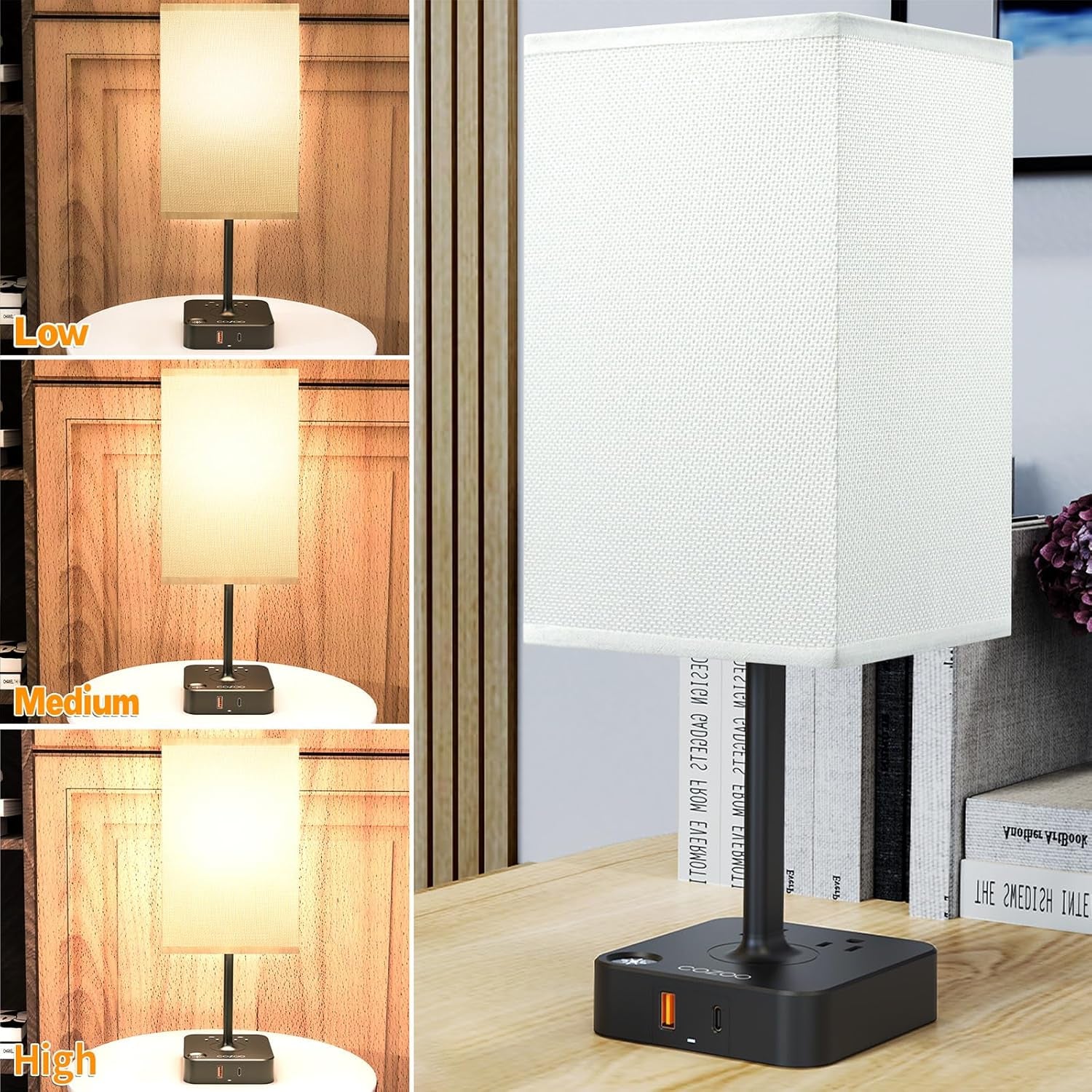 Touch Bedside Table Lamps for Bedroom Night Stands with Charging Station | Square LED Dimmable Desk Lamp for Bedroom with 2 USB(1 USB C) 2 AC Outlets, 9 W 3000 K Bulb Included, White Lampshade