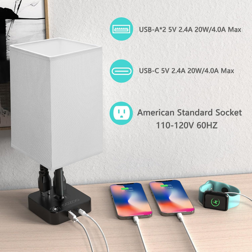 Touch Bedside Table Lamps for Bedroom Night Stands with Charging Station | Square LED Dimmable Desk Lamp for Bedroom with 2 USB(1 USB C) 2 AC Outlets, 9 W 3000 K Bulb Included, White Lampshade