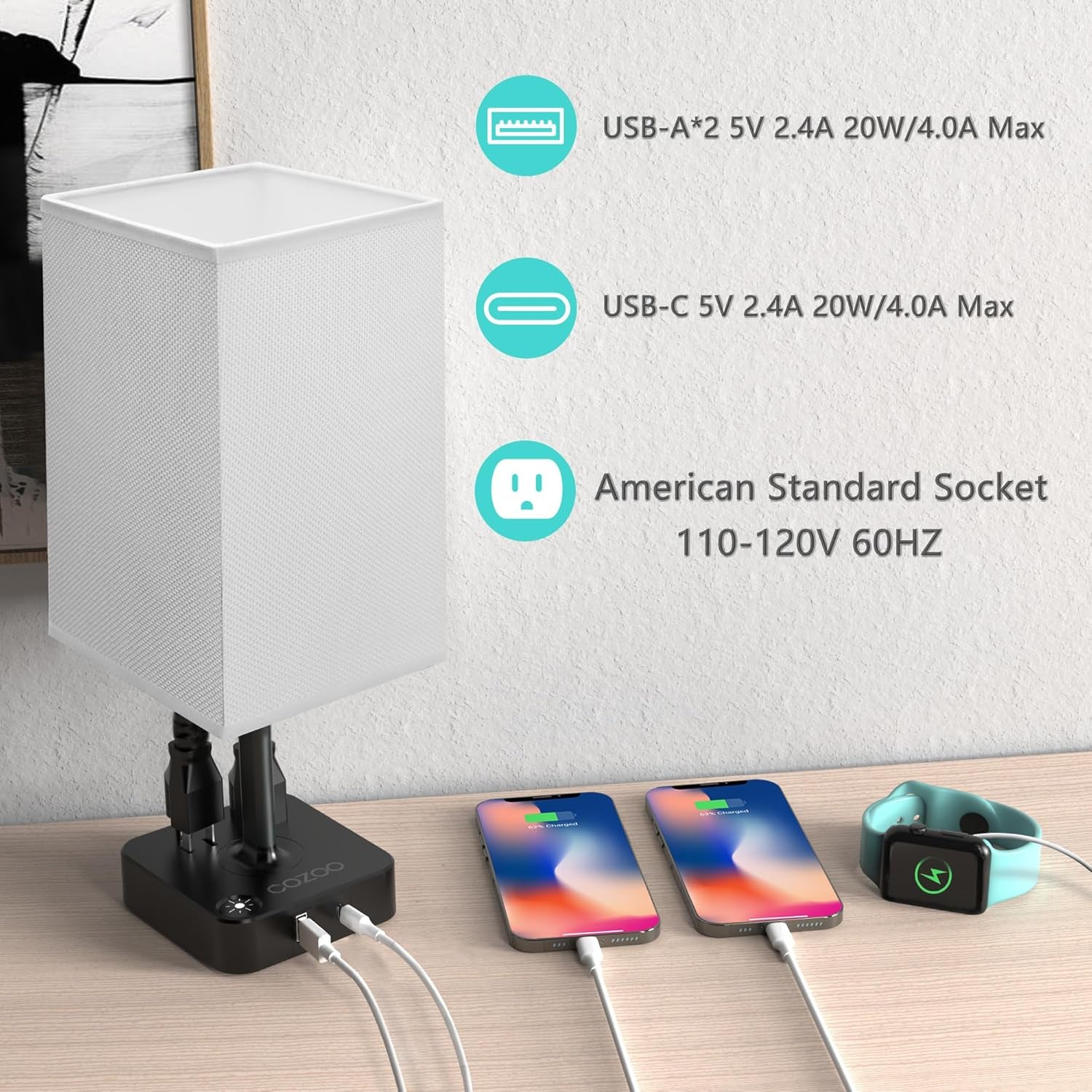 Touch Bedside Table Lamps for Bedroom Night Stands with Charging Station | Square LED Dimmable Desk Lamp for Bedroom with 2 USB(1 USB C) 2 AC Outlets, 9 W 3000 K Bulb Included, White Lampshade