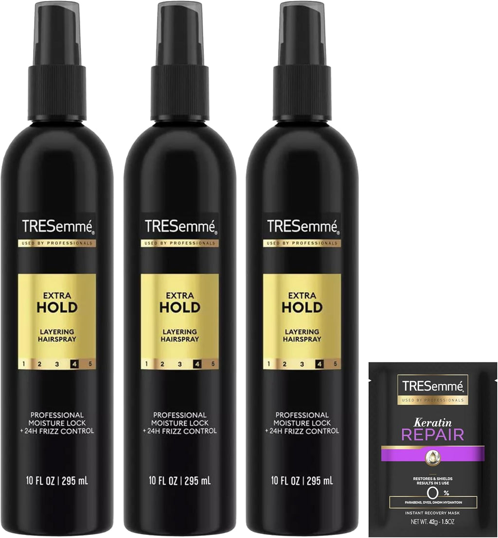 Tresemmé Hairspray, Non-Aerosol, Extra Hold, 3-Pack + Keratin Repair Hair Mask – Moisturizing Hair Spray, Anti-Humidity, Anti-Frizz Hair Products (4 Piece Set)