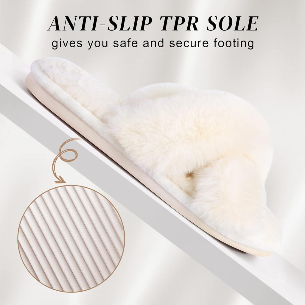 Women'S Cross Band Slippers Fuzzy Open-Toe Memory Foam | Soft Faux Fur Indoor Slippers for Women, Non-Slip Rubber Sole, Cozy Gifts for Ladies, Moms and Bridesmaids