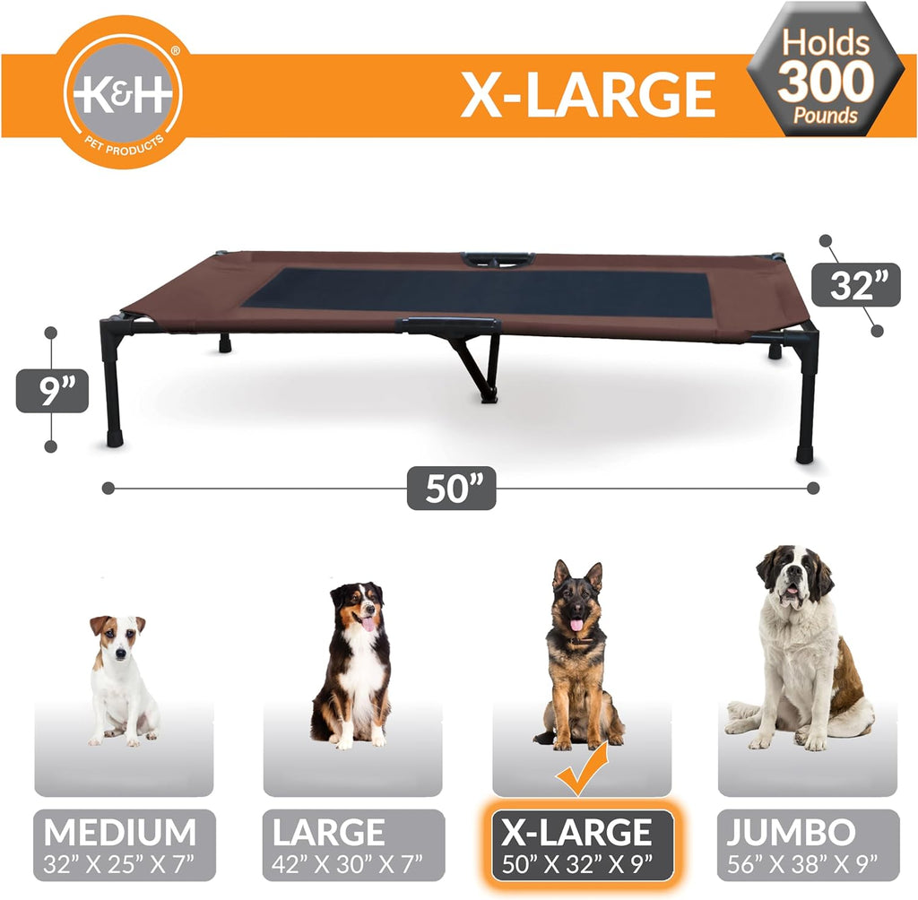 K&H Outdoor Elevated Dog Bed, Cooling Raised Dog Bed, Chocolate, XL 50X32In | Pet Cot for Large & Extra Large Pets, Breathable Mesh Center Hammock Design, Indoor/Outdoor Washable Cover, 50X32In