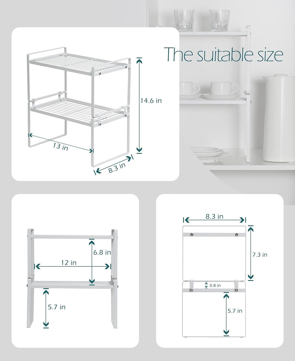 Cabinet Shelf Organizer, Pantry Shelf Rack, White 13X8.3X7.3 | 2-Pack Stackable Metal Riser Holds 40LBS with Non-Slip Feet for Kitchen Pantry Bathroom Countertop Freezer Cupboard