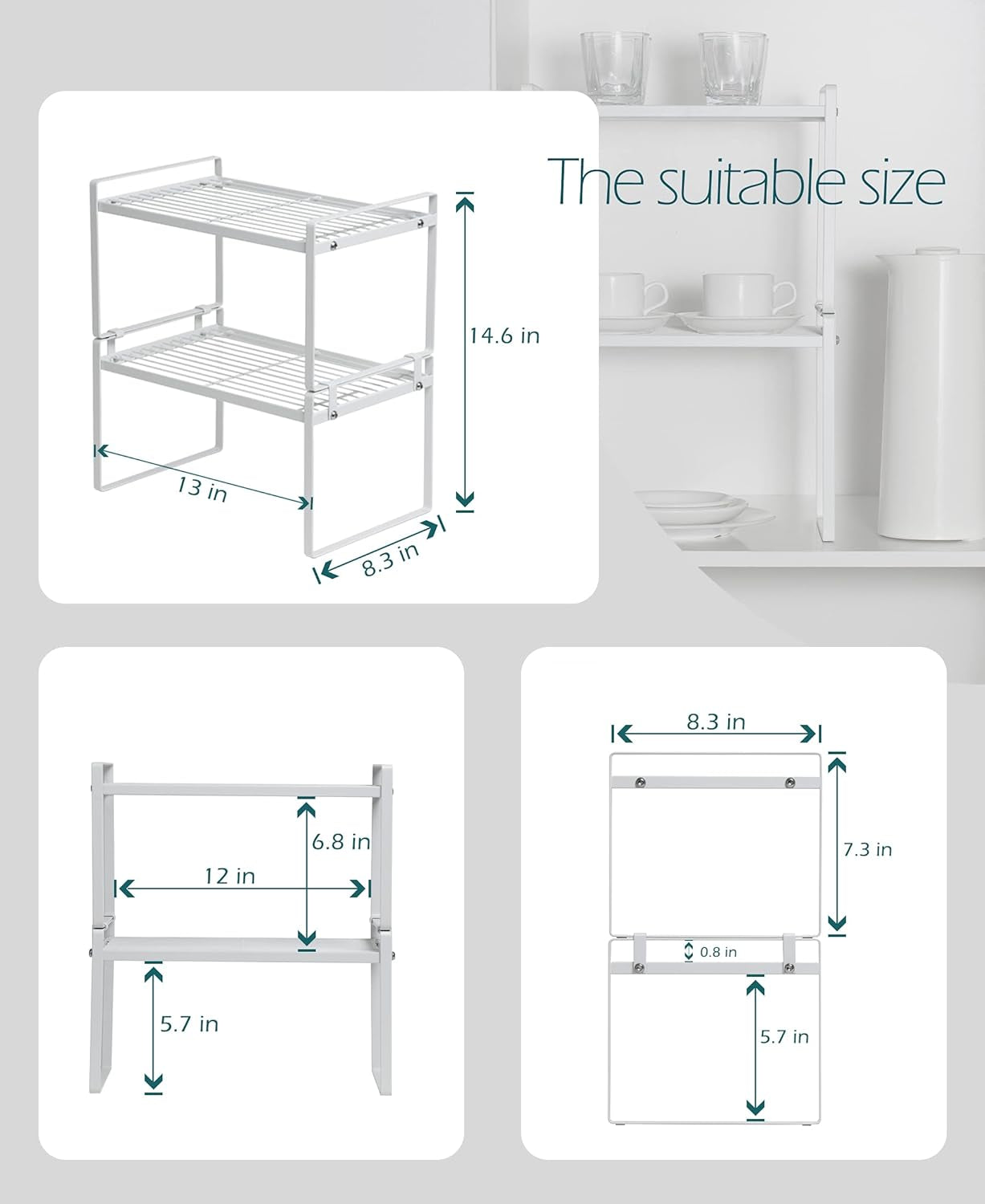 Cabinet Shelf Organizer, Pantry Shelf Rack, White 13X8.3X7.3 | 2-Pack Stackable Metal Riser Holds 40LBS with Non-Slip Feet for Kitchen Pantry Bathroom Countertop Freezer Cupboard