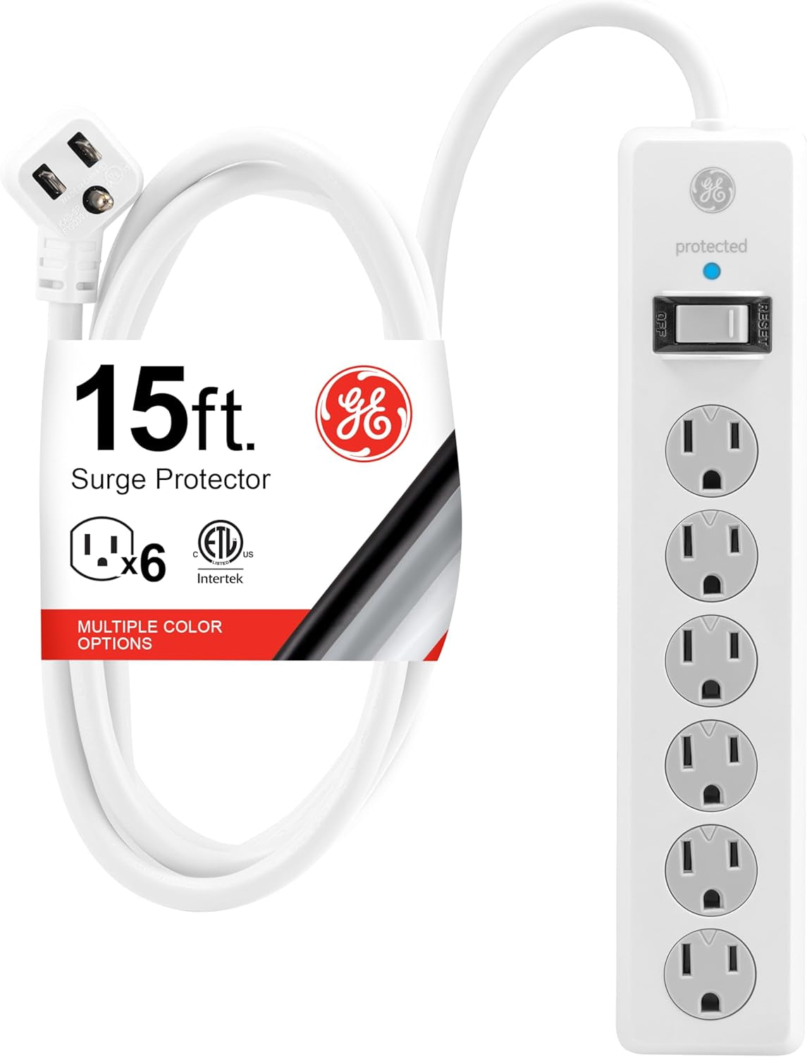 GE Surge Protector Power Strip, 15 Ft Extension Cord, 6 Outlet Extender | 800 Joules, Flat Plug, Twist-To-Close Safety Covers, ETL Listed, White, 50768