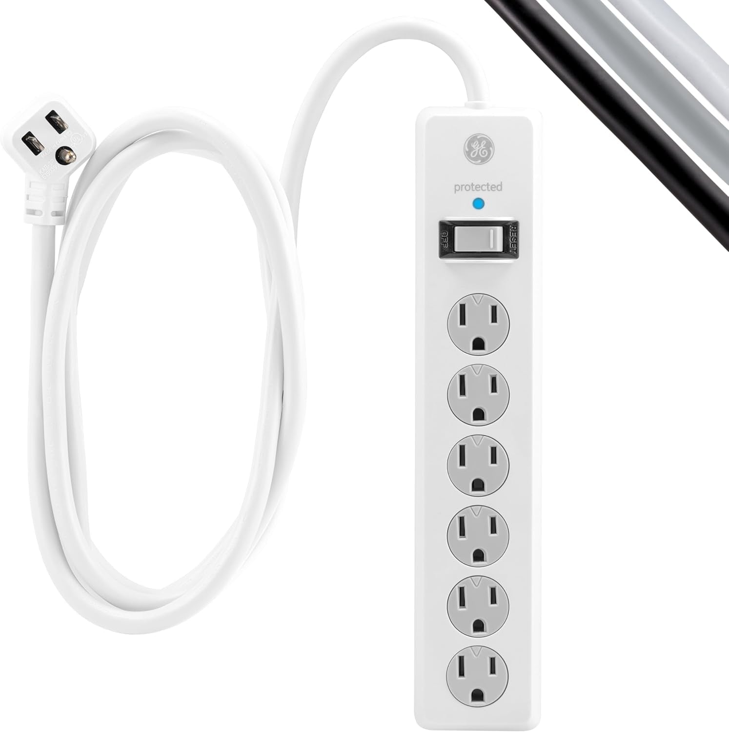GE Surge Protector Power Strip, 15 Ft Extension Cord, 6 Outlet Extender | 800 Joules, Flat Plug, Twist-To-Close Safety Covers, ETL Listed, White, 50768