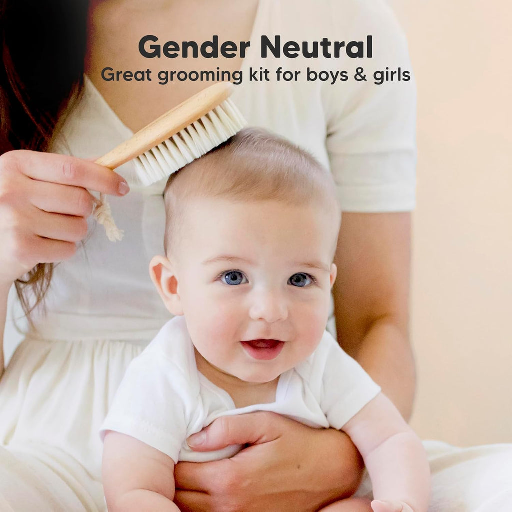 Wooden Baby Hair Brush Set for Newborns, Toddler Comb (Walnut, Regular) | Soft Goat Bristle, Baby Brush and Comb Set, Infant Grooming Kit, Cradle Cap Care, Durable & Gentle, Boy, Girl Bath Essential