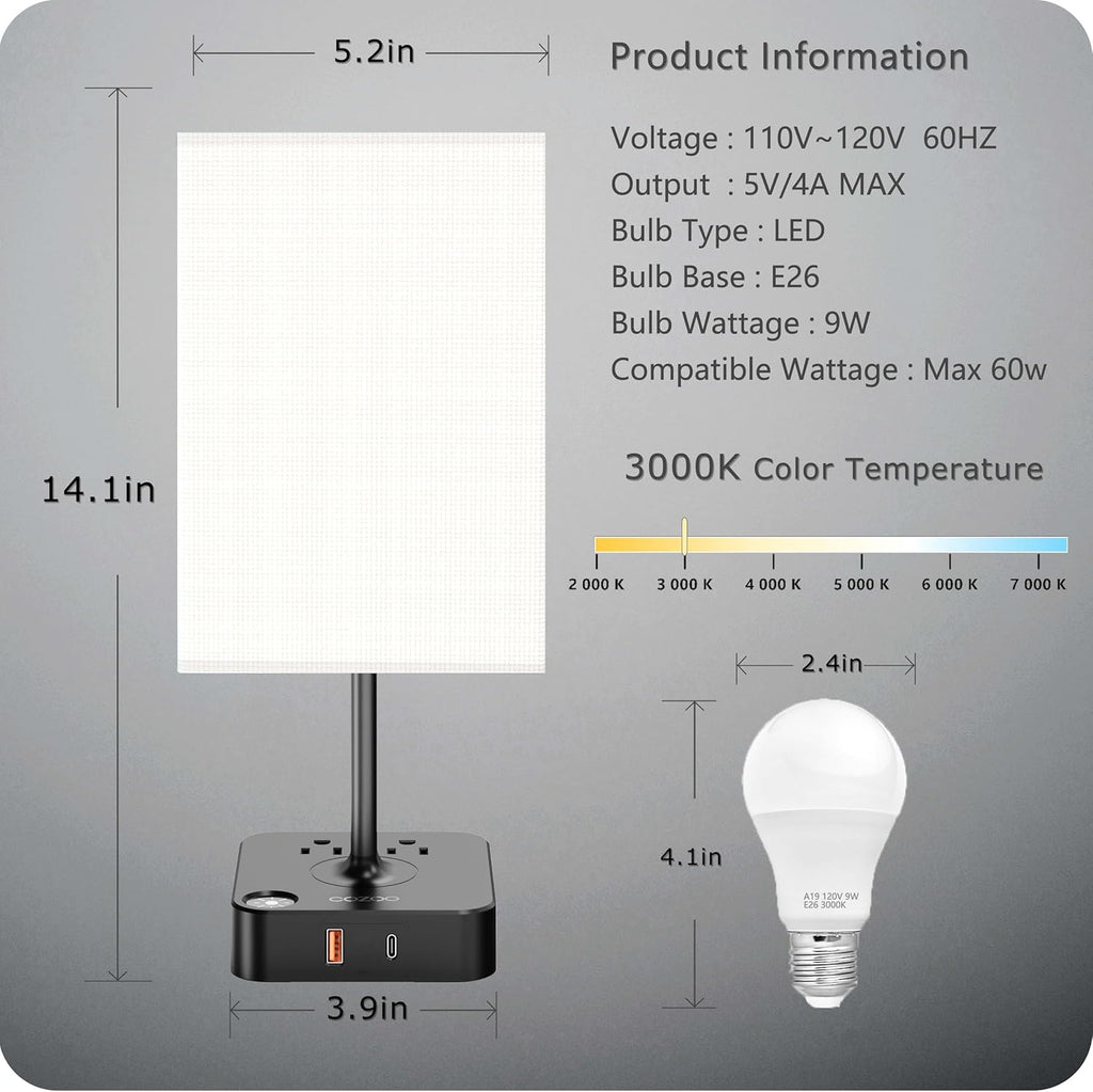 Touch Bedside Table Lamps for Bedroom Night Stands with Charging Station | Square LED Dimmable Desk Lamp for Bedroom with 2 USB(1 USB C) 2 AC Outlets, 9 W 3000 K Bulb Included, White Lampshade
