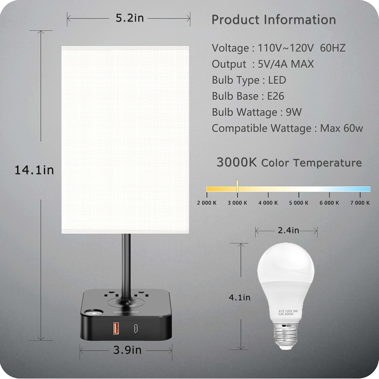Touch Bedside Table Lamps for Bedroom Night Stands with Charging Station | Square LED Dimmable Desk Lamp for Bedroom with 2 USB(1 USB C) 2 AC Outlets, 9 W 3000 K Bulb Included, White Lampshade