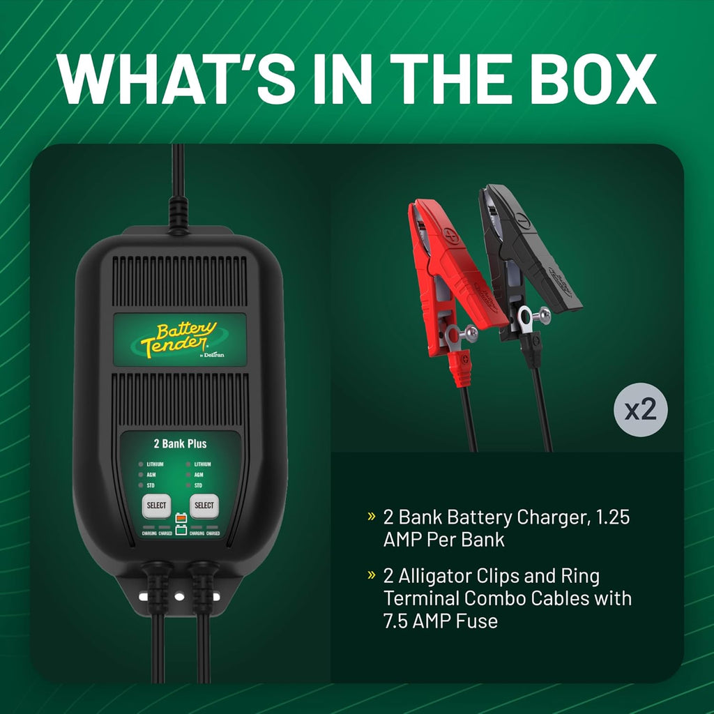 plus 2 Bank Multibank Charger - 2.5 AMP (1.25 Amps per Bank) - Smart 12V Multi Battery Charger and Maintainer for Standard, AGM, and Lithium Lifepo4-022-0165-Dl-Wh