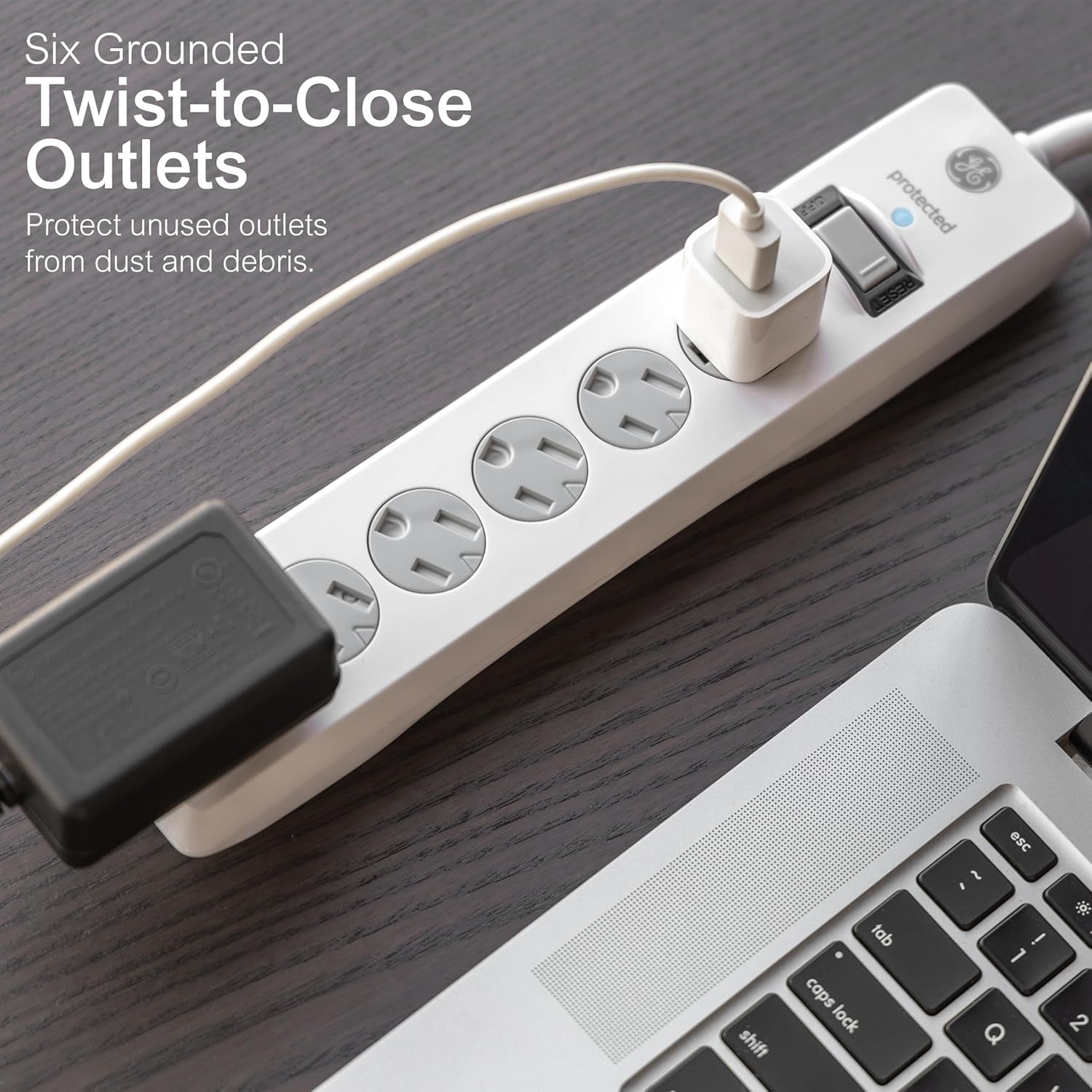 GE Surge Protector Power Strip, 15 Ft Extension Cord, 6 Outlet Extender | 800 Joules, Flat Plug, Twist-To-Close Safety Covers, ETL Listed, White, 50768