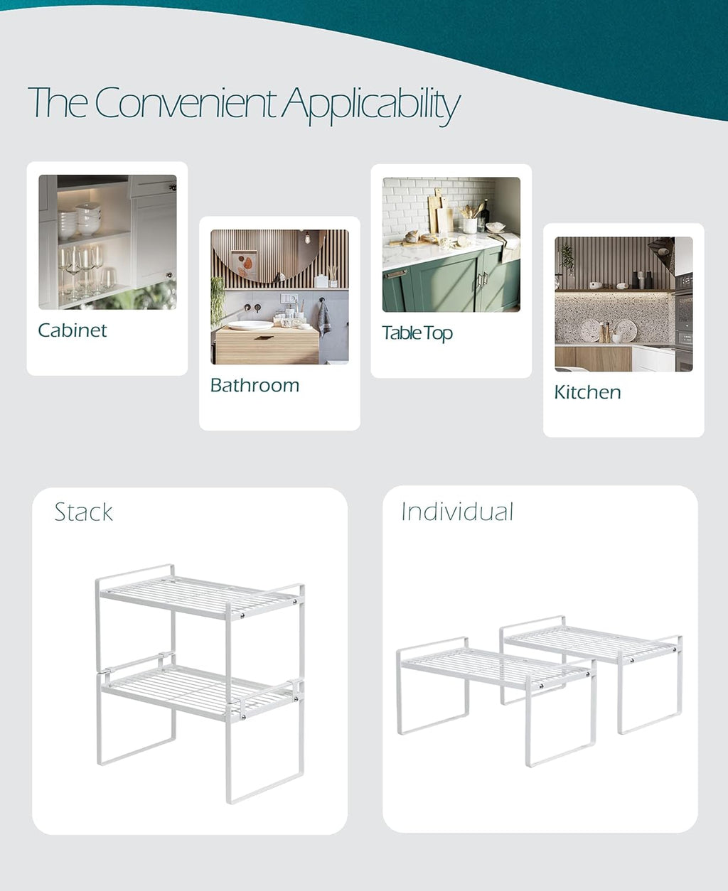 Cabinet Shelf Organizer, Pantry Shelf Rack, White 13X8.3X7.3 | 2-Pack Stackable Metal Riser Holds 40LBS with Non-Slip Feet for Kitchen Pantry Bathroom Countertop Freezer Cupboard