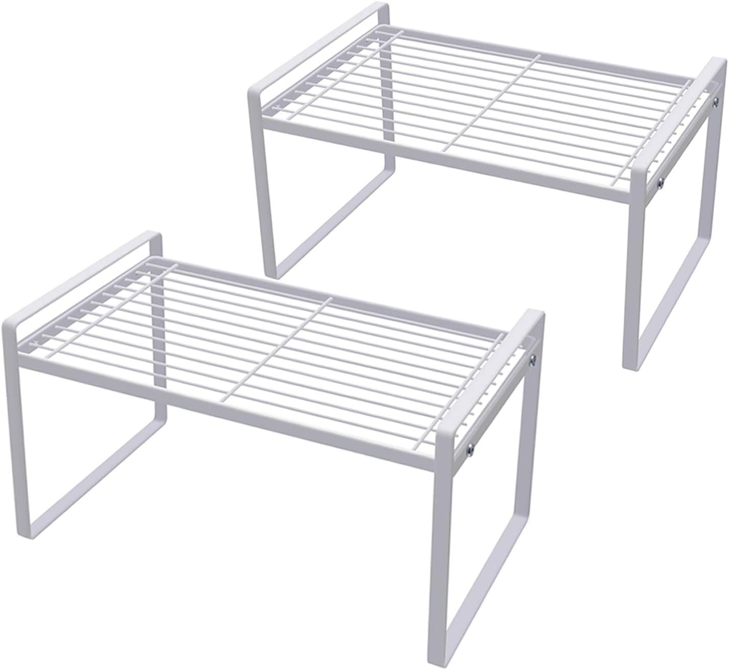 Cabinet Shelf Organizer, Pantry Shelf Rack, White 13X8.3X7.3 | 2-Pack Stackable Metal Riser Holds 40LBS with Non-Slip Feet for Kitchen Pantry Bathroom Countertop Freezer Cupboard