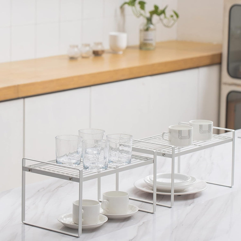 Cabinet Shelf Organizer, Pantry Shelf Rack, White 13X8.3X7.3 | 2-Pack Stackable Metal Riser Holds 40LBS with Non-Slip Feet for Kitchen Pantry Bathroom Countertop Freezer Cupboard