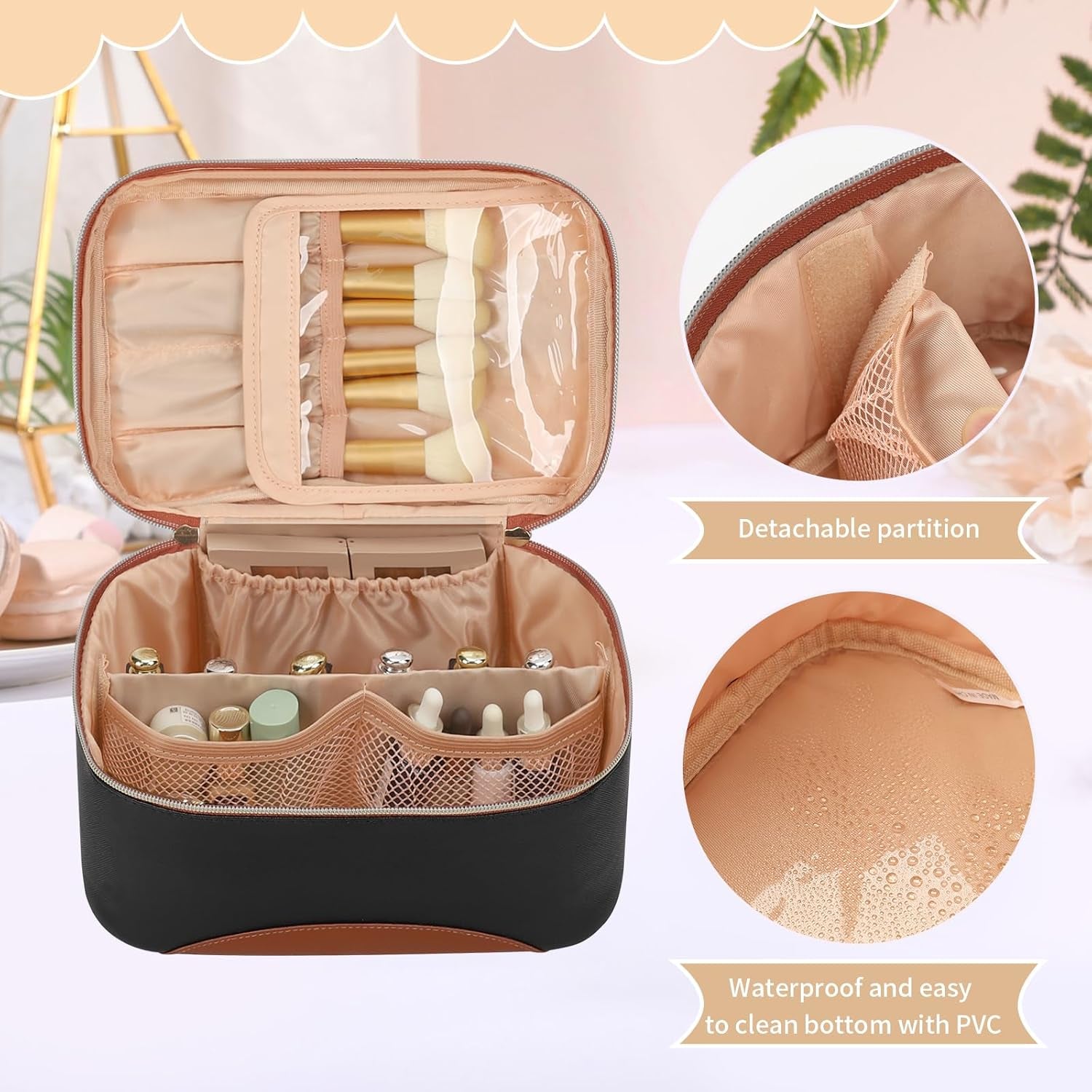 Makeup Bag,Large Capacity Travel Makeup Bag,Waterproof Cosmetic Organizer Case with Brush Holder Portable Make up Bag for Women,Toiletry Bag for Daily Use & Trips as a Gift for Women