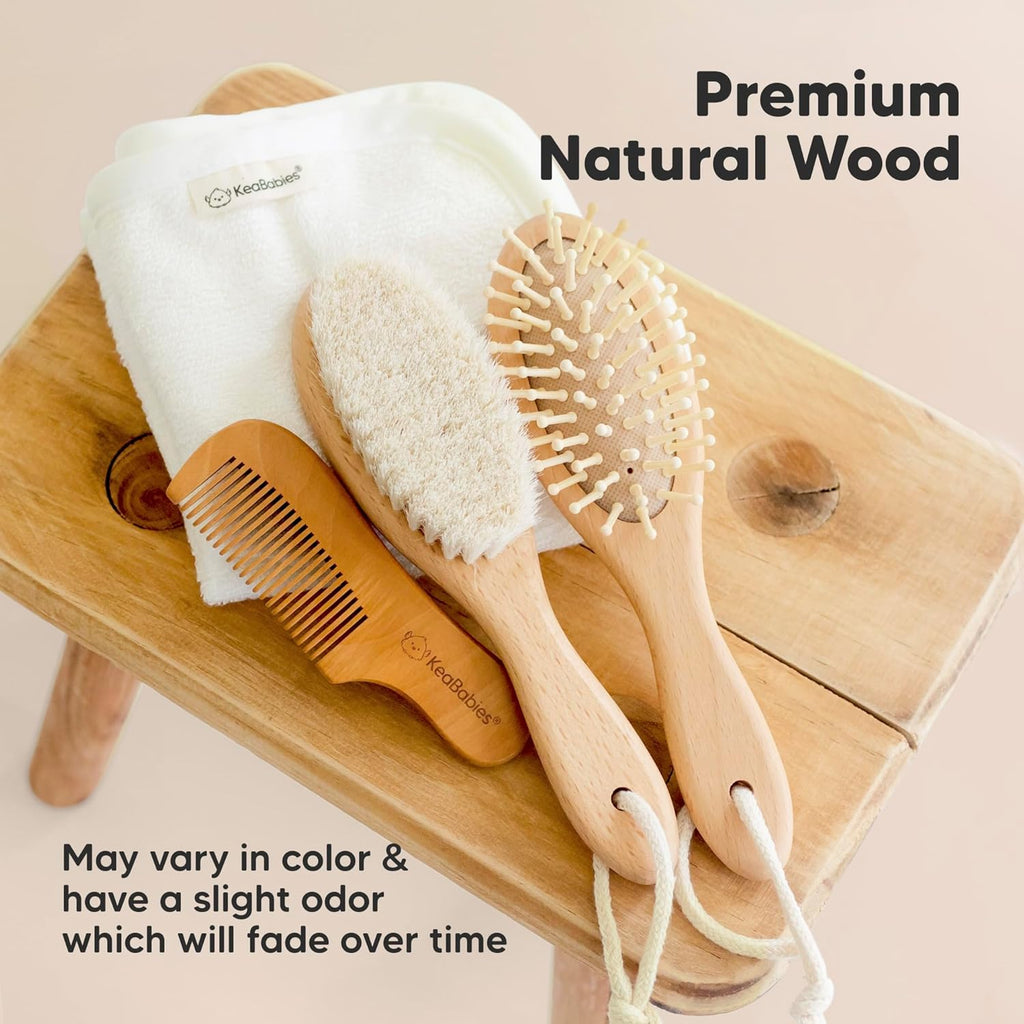 Wooden Baby Hair Brush Set for Newborns, Toddler Comb (Walnut, Regular) | Soft Goat Bristle, Baby Brush and Comb Set, Infant Grooming Kit, Cradle Cap Care, Durable & Gentle, Boy, Girl Bath Essential