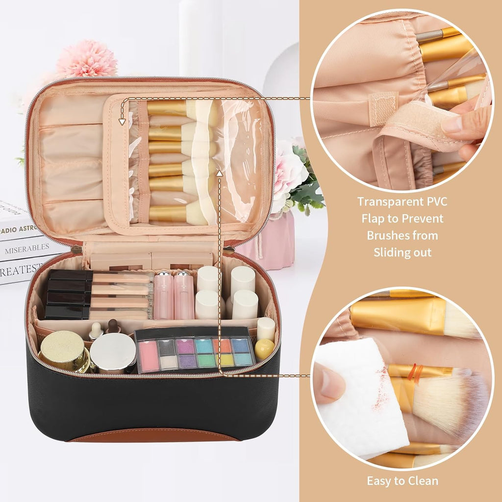 Makeup Bag,Large Capacity Travel Makeup Bag,Waterproof Cosmetic Organizer Case with Brush Holder Portable Make up Bag for Women,Toiletry Bag for Daily Use & Trips as a Gift for Women