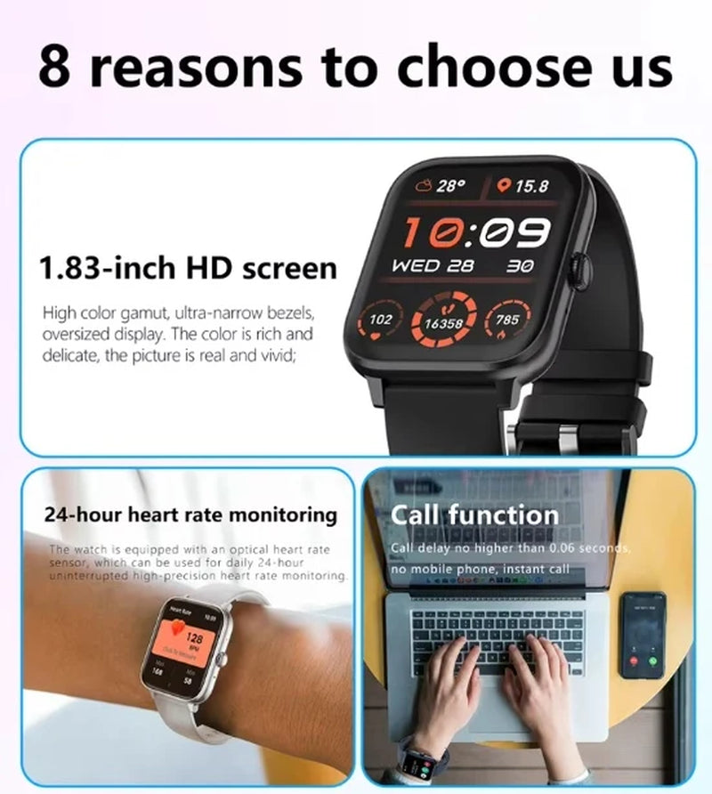 Smartwatch Men Women1.83Inch BT Face Heart Rate Fitness Tracker