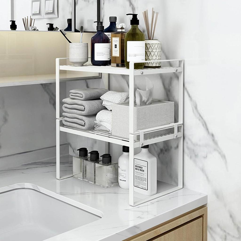 Cabinet Shelf Organizer, Pantry Shelf Rack, White 13X8.3X7.3 | 2-Pack Stackable Metal Riser Holds 40LBS with Non-Slip Feet for Kitchen Pantry Bathroom Countertop Freezer Cupboard