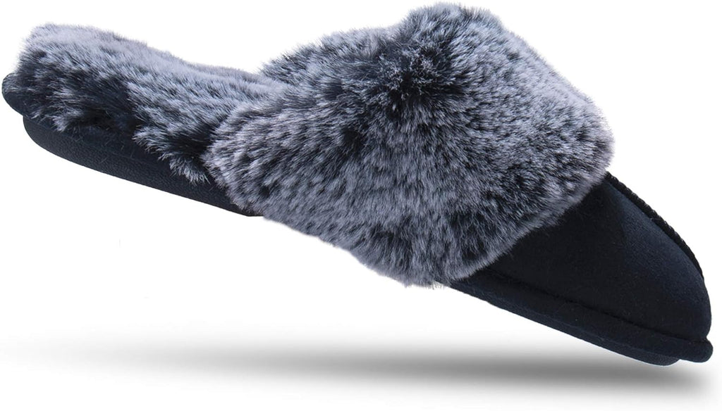 Womens Comfy Faux Fur House Slipper Scuff Memory Foam Slip on Anti-Skid Soleslipper