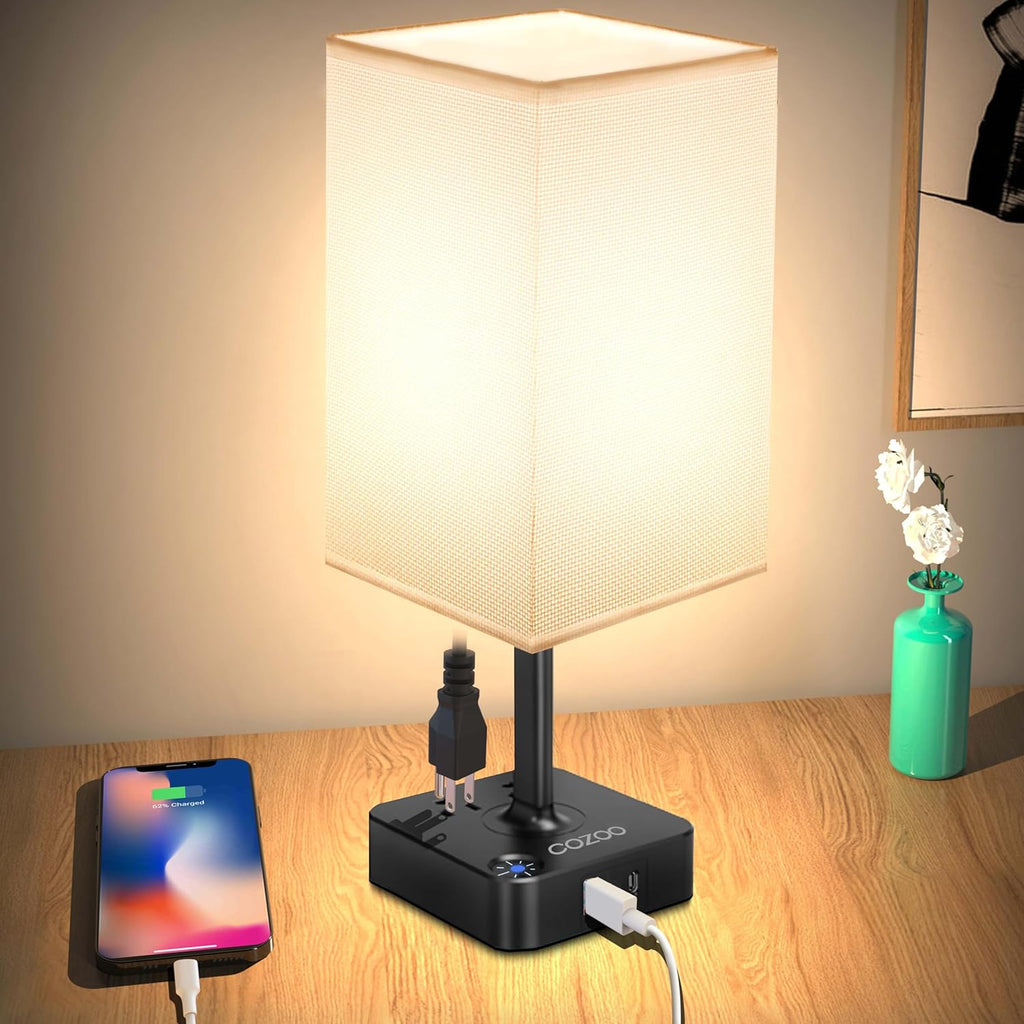 Touch Bedside Table Lamps for Bedroom Night Stands with Charging Station | Square LED Dimmable Desk Lamp for Bedroom with 2 USB(1 USB C) 2 AC Outlets, 9 W 3000 K Bulb Included, White Lampshade