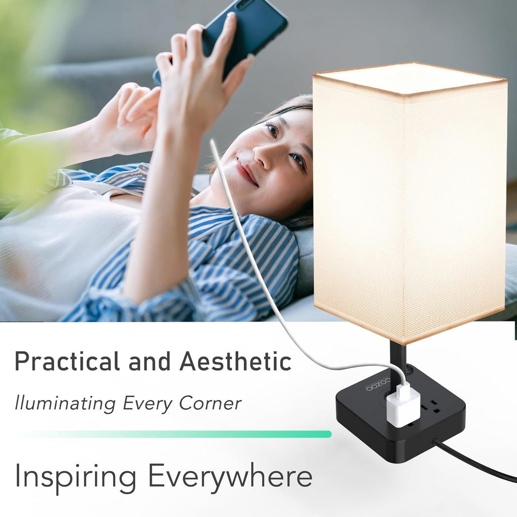Touch Bedside Table Lamps for Bedroom Night Stands with Charging Station | Square LED Dimmable Desk Lamp for Bedroom with 2 USB(1 USB C) 2 AC Outlets, 9 W 3000 K Bulb Included, White Lampshade