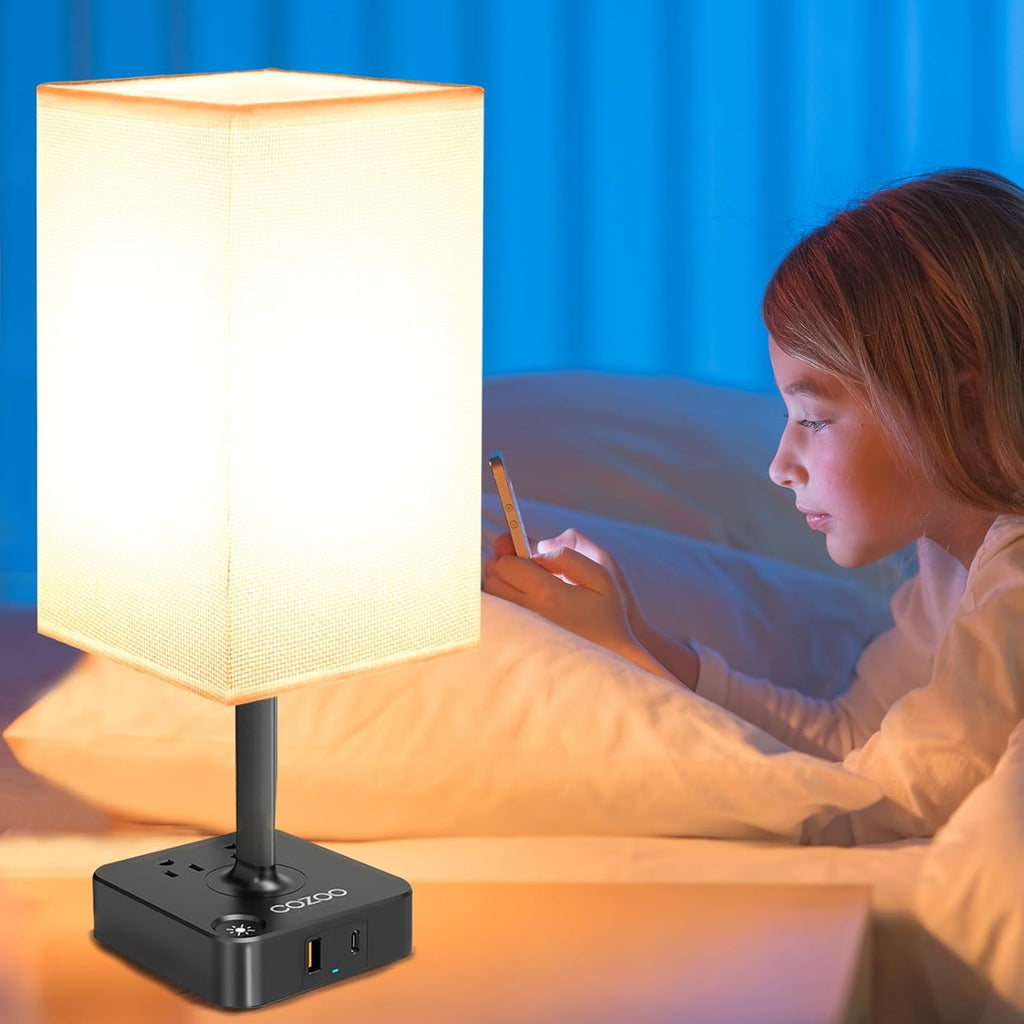 Touch Bedside Table Lamps for Bedroom Night Stands with Charging Station | Square LED Dimmable Desk Lamp for Bedroom with 2 USB(1 USB C) 2 AC Outlets, 9 W 3000 K Bulb Included, White Lampshade