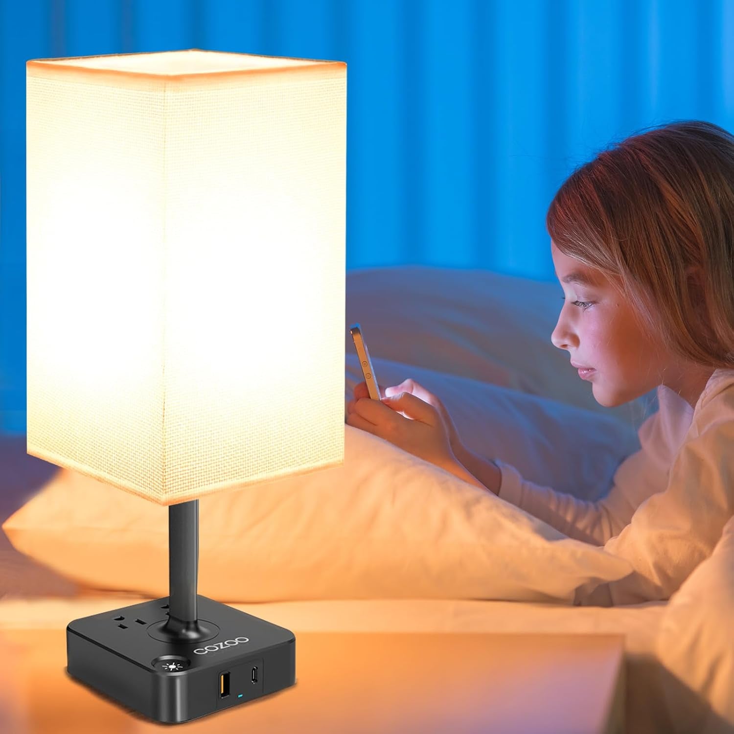 Touch Bedside Table Lamps for Bedroom Night Stands with Charging Station | Square LED Dimmable Desk Lamp for Bedroom with 2 USB(1 USB C) 2 AC Outlets, 9 W 3000 K Bulb Included, White Lampshade