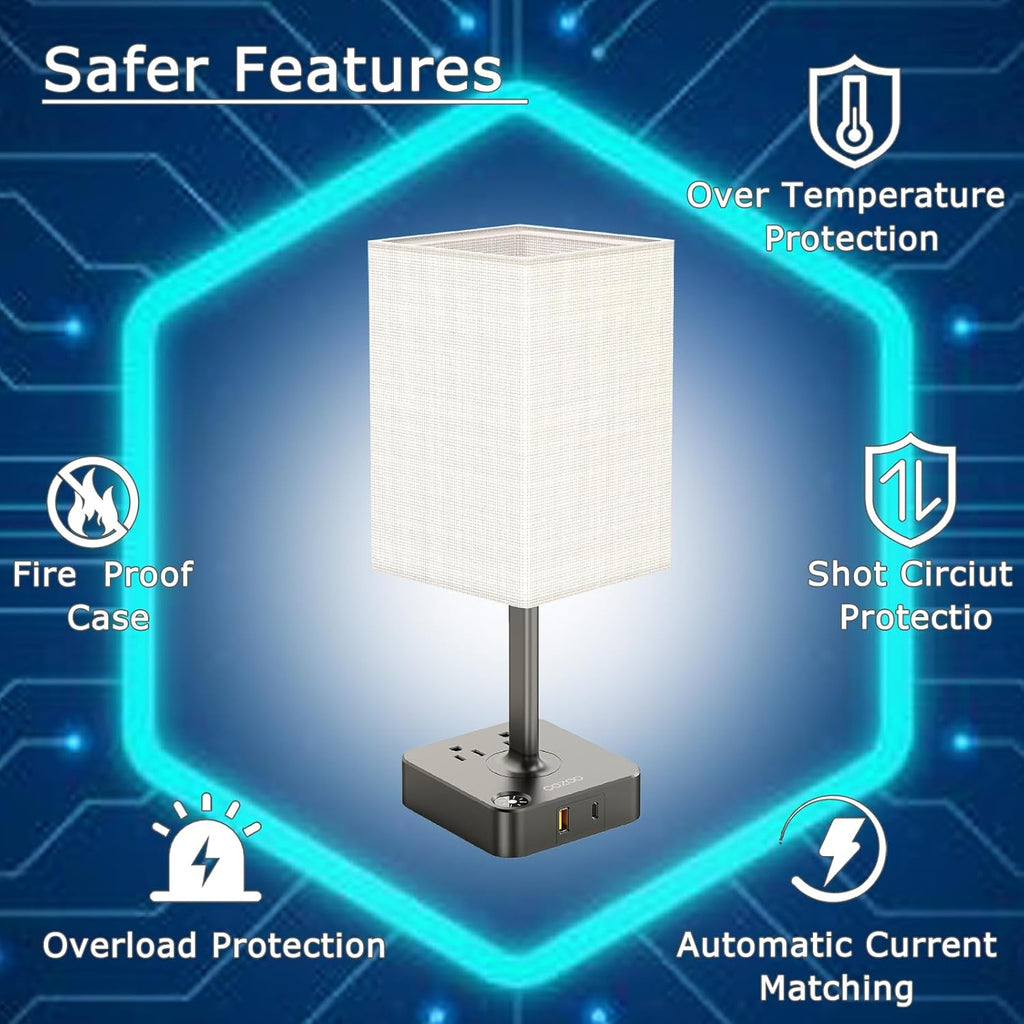 Touch Bedside Table Lamps for Bedroom Night Stands with Charging Station | Square LED Dimmable Desk Lamp for Bedroom with 2 USB(1 USB C) 2 AC Outlets, 9 W 3000 K Bulb Included, White Lampshade