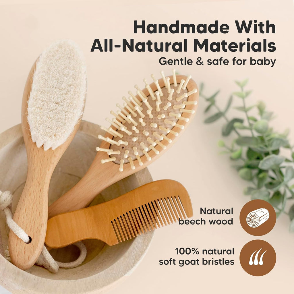 Wooden Baby Hair Brush Set for Newborns, Toddler Comb (Walnut, Regular) | Soft Goat Bristle, Baby Brush and Comb Set, Infant Grooming Kit, Cradle Cap Care, Durable & Gentle, Boy, Girl Bath Essential