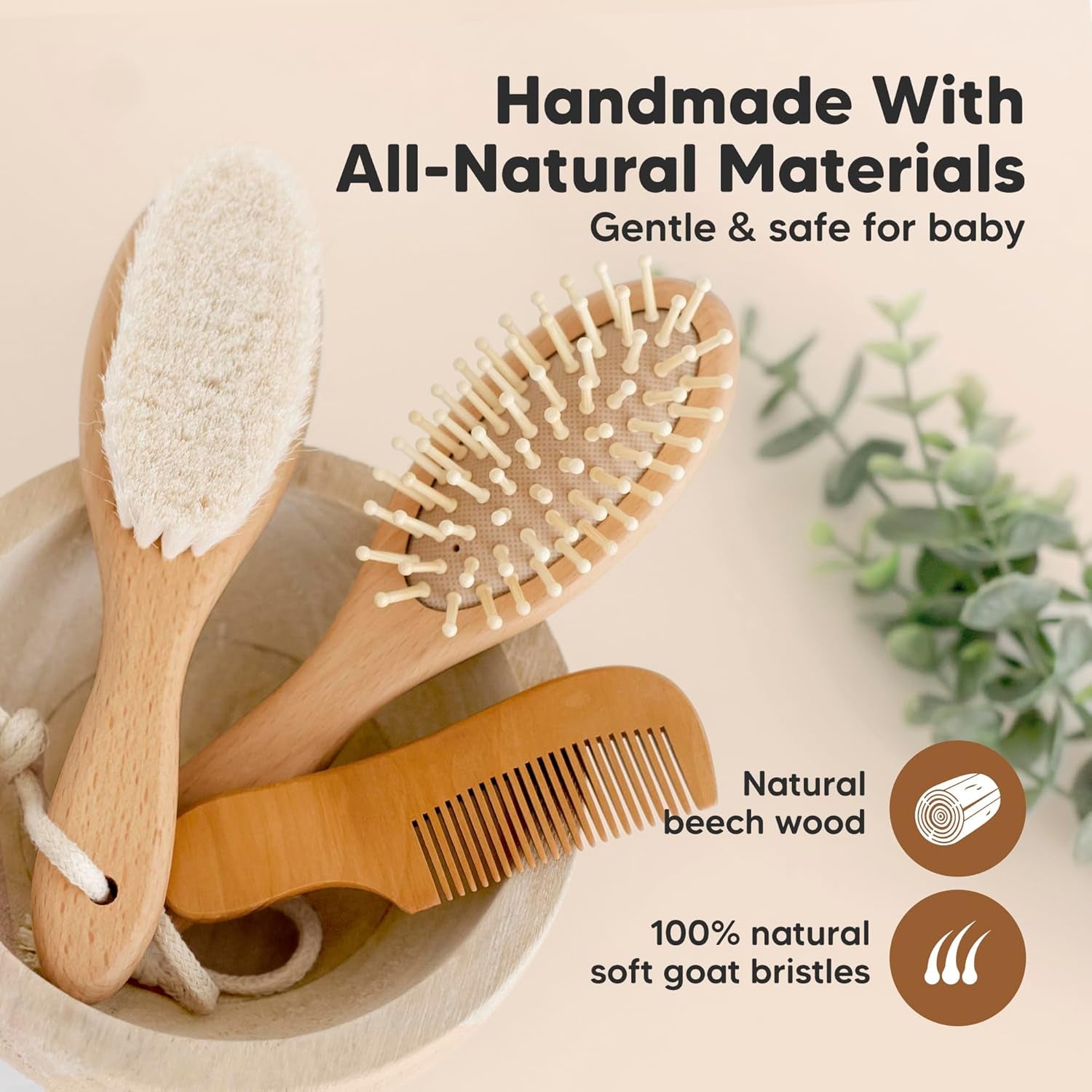 Wooden Baby Hair Brush Set for Newborns, Toddler Comb (Walnut, Regular) | Soft Goat Bristle, Baby Brush and Comb Set, Infant Grooming Kit, Cradle Cap Care, Durable & Gentle, Boy, Girl Bath Essential