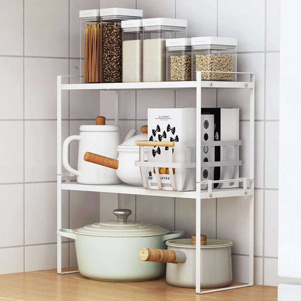 Cabinet Shelf Organizer, Pantry Shelf Rack, White 13X8.3X7.3 | 2-Pack Stackable Metal Riser Holds 40LBS with Non-Slip Feet for Kitchen Pantry Bathroom Countertop Freezer Cupboard