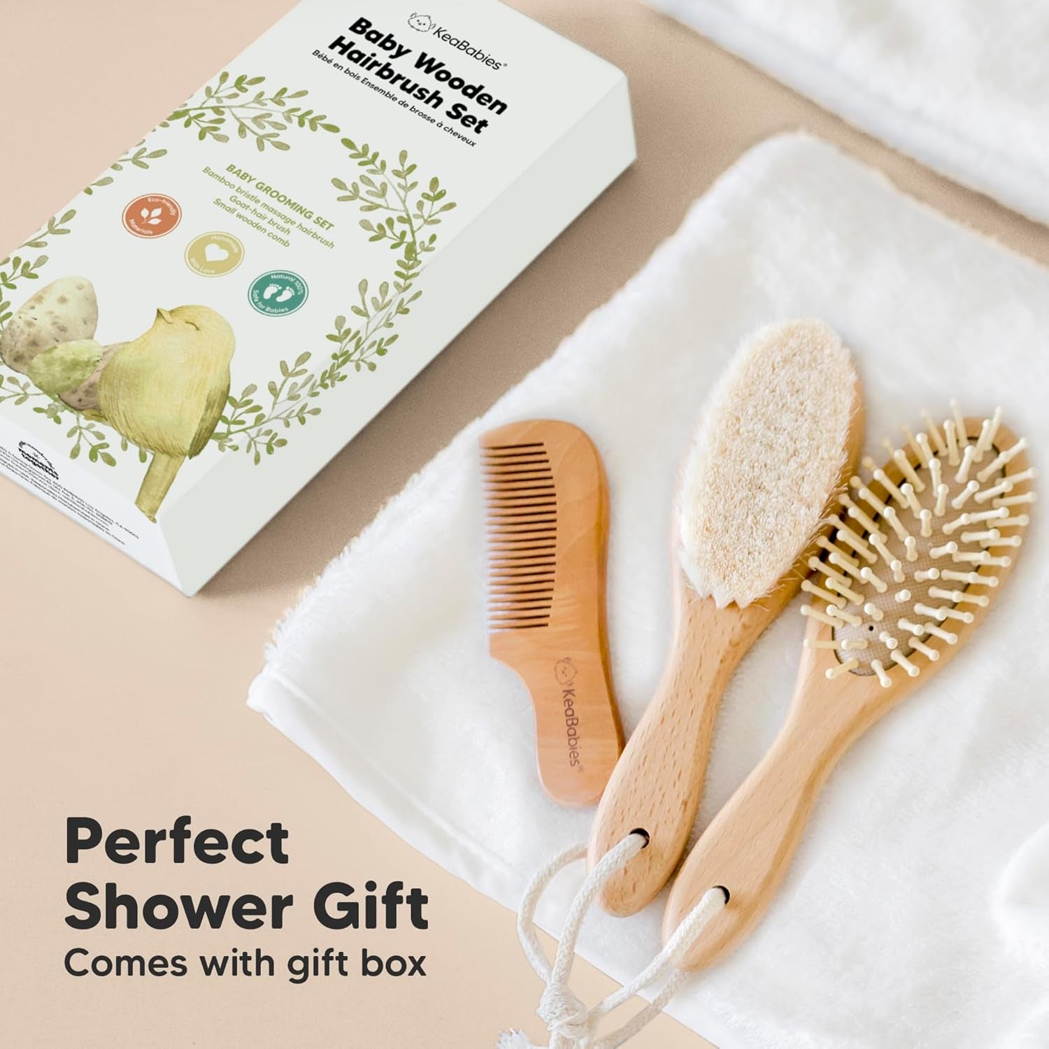 Wooden Baby Hair Brush Set for Newborns, Toddler Comb (Walnut, Regular) | Soft Goat Bristle, Baby Brush and Comb Set, Infant Grooming Kit, Cradle Cap Care, Durable & Gentle, Boy, Girl Bath Essential