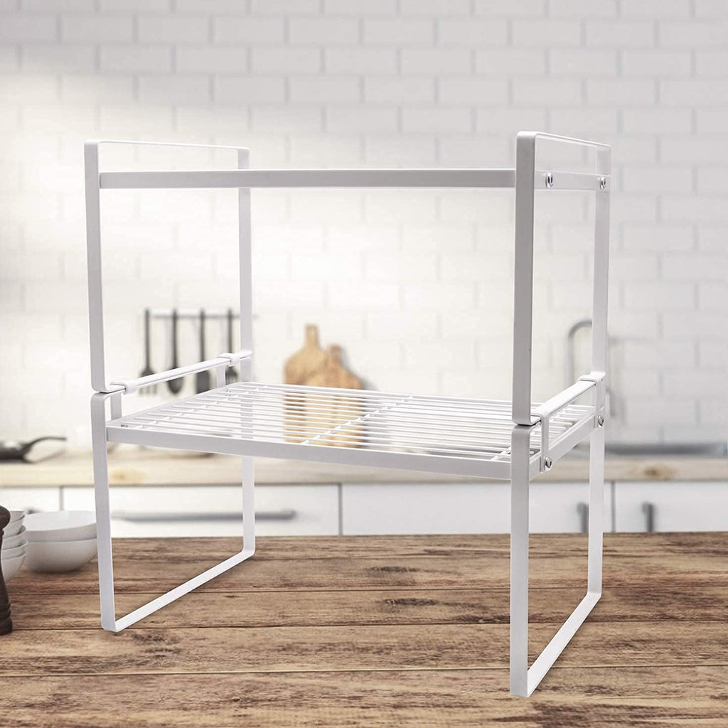 Cabinet Shelf Organizer, Pantry Shelf Rack, White 13X8.3X7.3 | 2-Pack Stackable Metal Riser Holds 40LBS with Non-Slip Feet for Kitchen Pantry Bathroom Countertop Freezer Cupboard