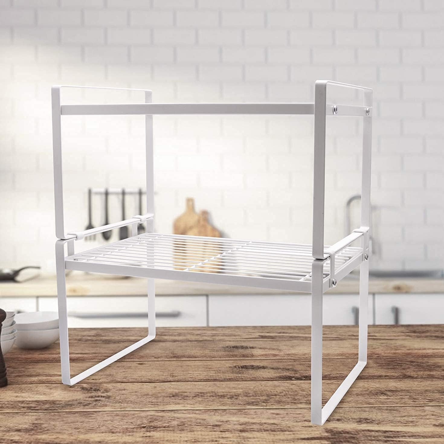 Cabinet Shelf Organizer, Pantry Shelf Rack, White 13X8.3X7.3 | 2-Pack Stackable Metal Riser Holds 40LBS with Non-Slip Feet for Kitchen Pantry Bathroom Countertop Freezer Cupboard