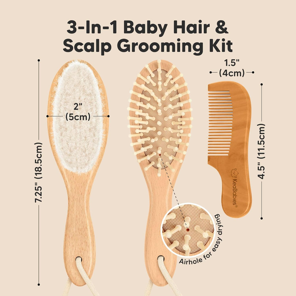 Wooden Baby Hair Brush Set for Newborns, Toddler Comb (Walnut, Regular) | Soft Goat Bristle, Baby Brush and Comb Set, Infant Grooming Kit, Cradle Cap Care, Durable & Gentle, Boy, Girl Bath Essential