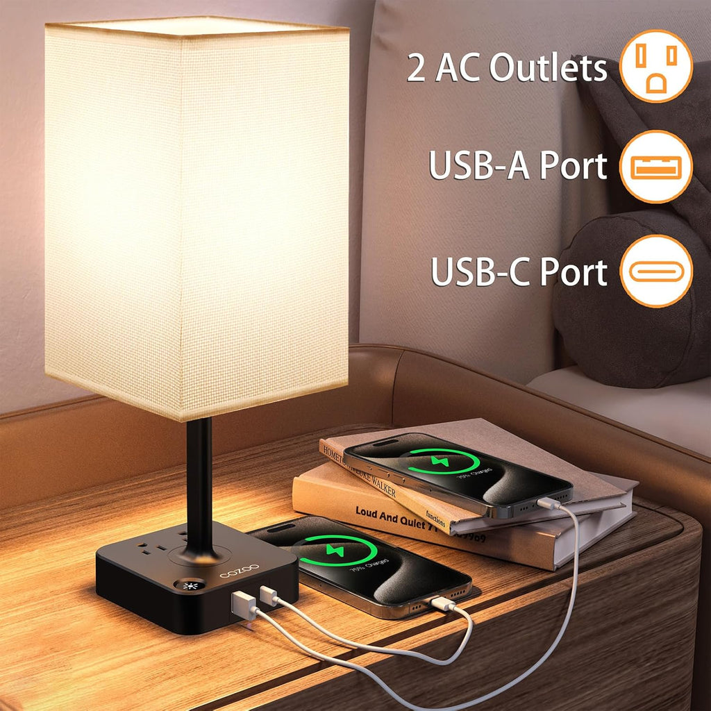 Touch Bedside Table Lamps for Bedroom Night Stands with Charging Station | Square LED Dimmable Desk Lamp for Bedroom with 2 USB(1 USB C) 2 AC Outlets, 9 W 3000 K Bulb Included, White Lampshade