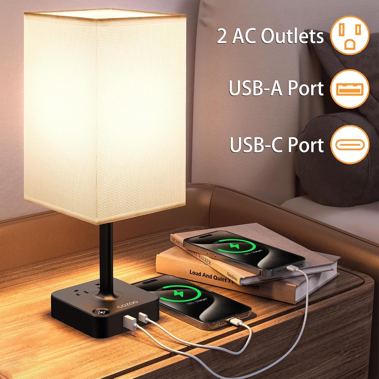 Touch Bedside Table Lamps for Bedroom Night Stands with Charging Station | Square LED Dimmable Desk Lamp for Bedroom with 2 USB(1 USB C) 2 AC Outlets, 9 W 3000 K Bulb Included, White Lampshade